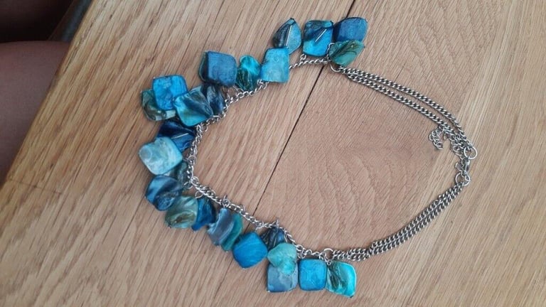 Green-blue-teal necklace on silver chain