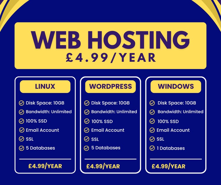 Web Hosting - Linux, £4.99/year - 10GB SSD, SSL, Emails, Secured, Lightning Fast