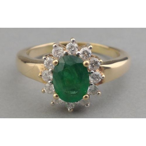 image for 14K Gold ring with Large 1.0 carat Emerald stone with 12 surrounding Diamonds