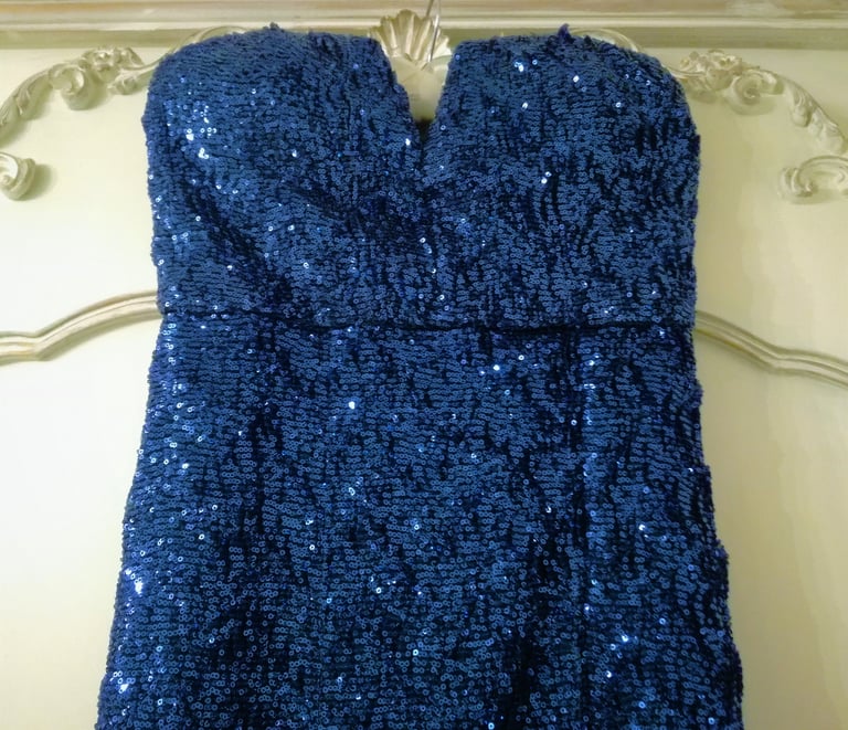 AMY CHILDS BLUE SEQUIN DRESS Designer Maxi Long Hour Glass Fit Strapless Boned Side Split Style