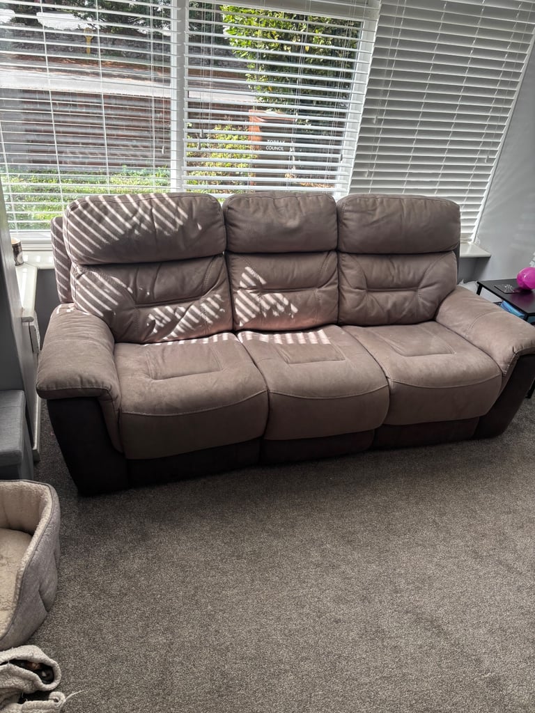 image for Light grey/brown 3 seater & electric arm chair 