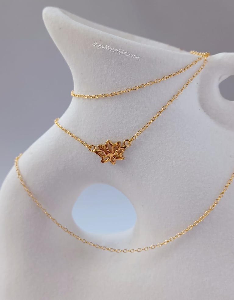 image for 18K Gold Plated Sterling Silver Hallmarked Lotus Flower Necklace Minimalist