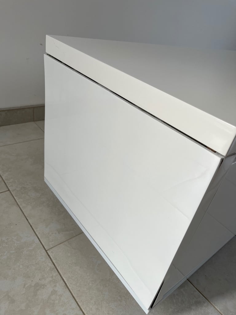 White TV Stand with Cupboard and Glass Shelf