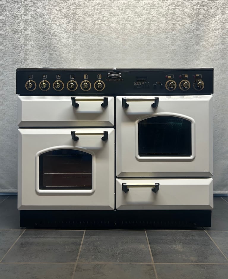 RANGEMASTER  CLASSIC 110cm FULL ELECTRIC RANGE COOKER IN WHITE AND GOLD TRIM…
