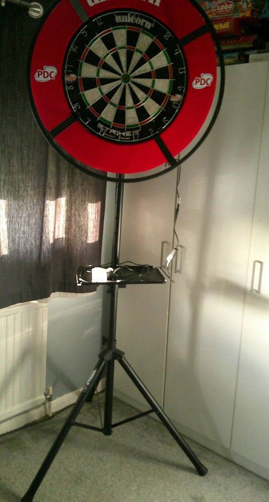 image for darts bundle dartboard, stand, light up halo, stand mat, scorer, darts, bag, dart holder