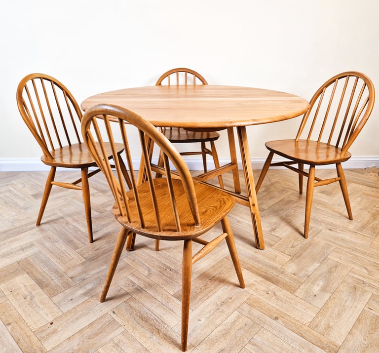 Ercol Windsor Vintage Mid Century Solid Elm Danish Design Drop Leaf Table and Chair Set