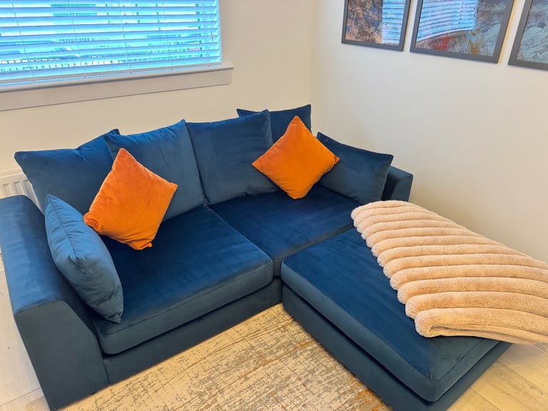 Plush Velvet Dark Blue Pillow Back 3 Seater Sofa, Large Dark Blue Footstool and Orange Accent Chair