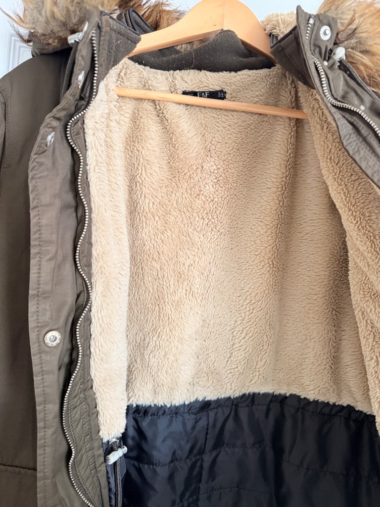 F&F - Olive Green Parka Coat with Faux Fur Hood - Size UK 22