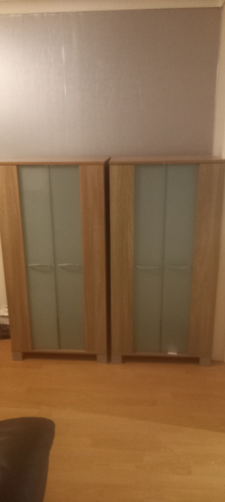 2x Tall Boys  Wood & Glass, Silver Handles & Feet & Bedside Cabinet