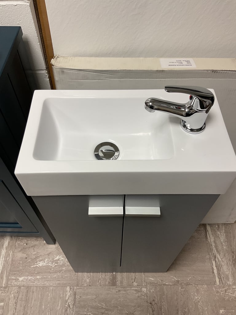 Cloakroom freestanding 2 door vanity, mixer and waste in satin grey 410 x255
