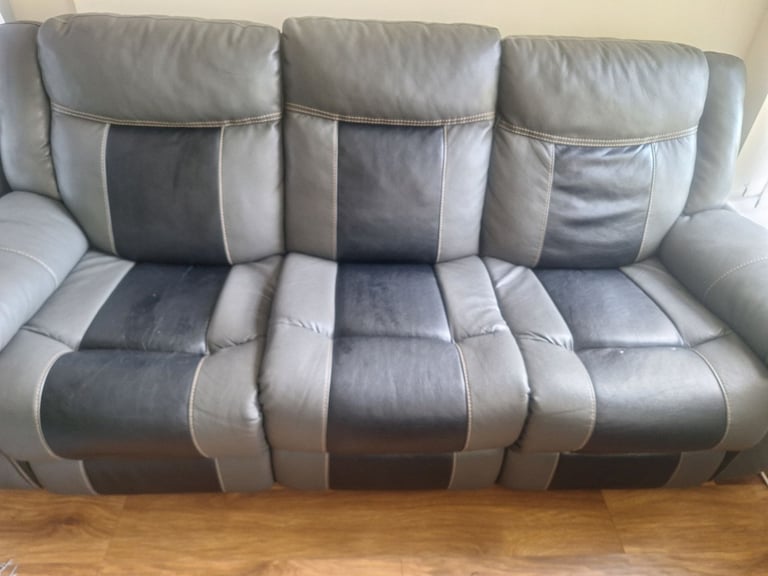 Grey and Black Leather 3 seater 2 length recliner sofa
