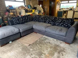 Corner Sofa + Matching Foot Stool Grey & Black