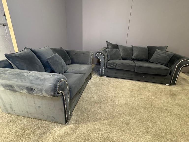 Grey French velvet 3 seater and 2 seater sofa DELIVERY AVAILABLE!