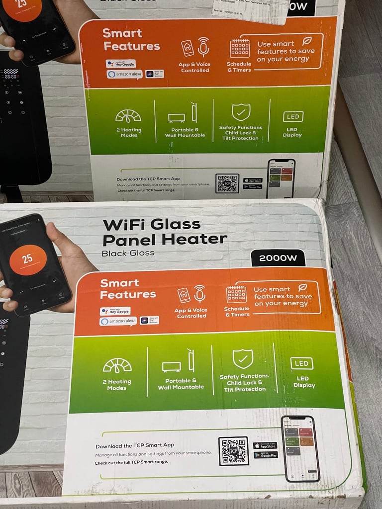TCP Smart Glass Panel Heater 2000w Black with App, WiFi, 2 Heat Modes, Voice Control works 
