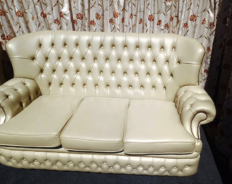 Beige Chesterfield 3 seater sofa and 2 armchairs