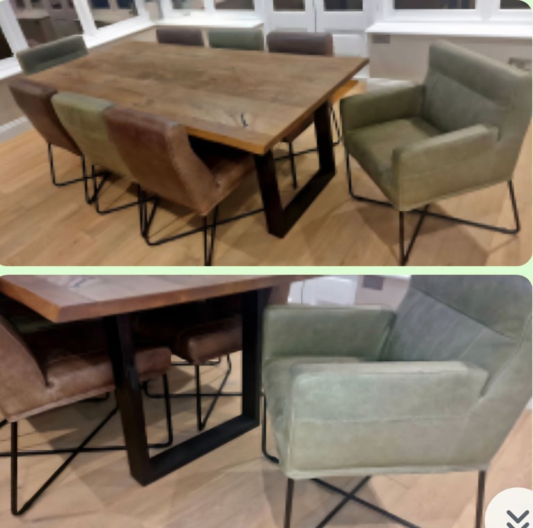 image for Fargot Oiled Oak Dining Table 240cms x 110 cms & 8 Dining Chairs 4 x Antigo Olive, 4 x Antigo Brown