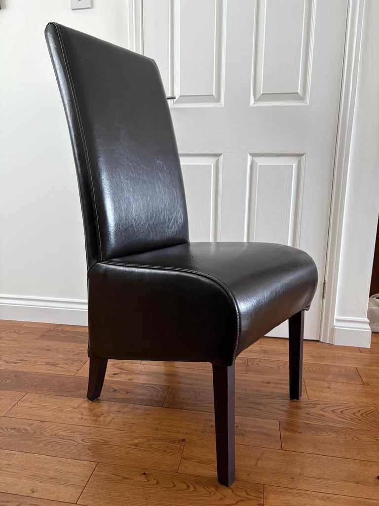 image for Furniture Village Dark Brown Leather Look and Wood Dining Room Chairs x6