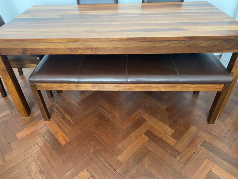 Solid Wood Dining Table w/ 4 leather chairs and Leather Bench