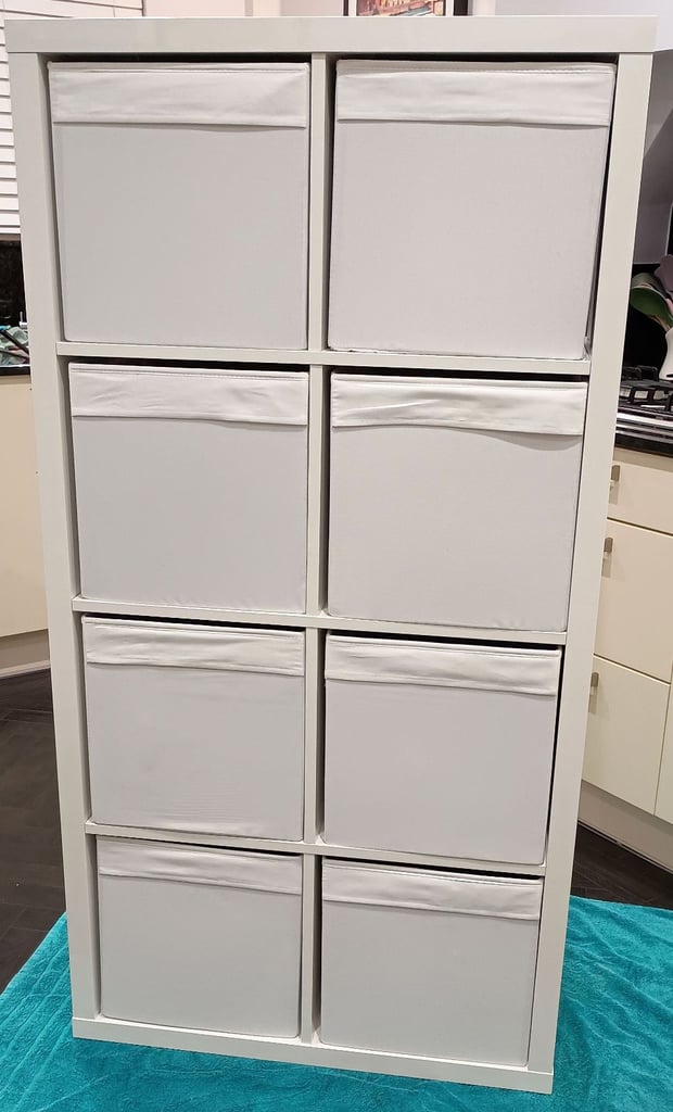 Ikea Kallax Gloss White Shelving Unit + Drona Storage Boxes