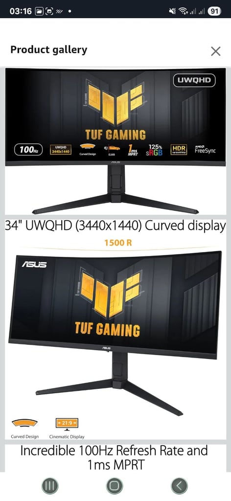 image for ASUS 34 inch UWQHD Curved computer monitor 
