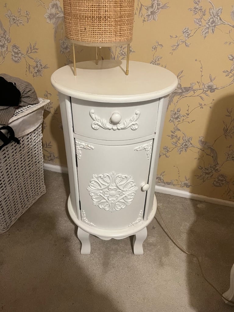 image for Round bedside table cabinet drawer and cupboard white French style