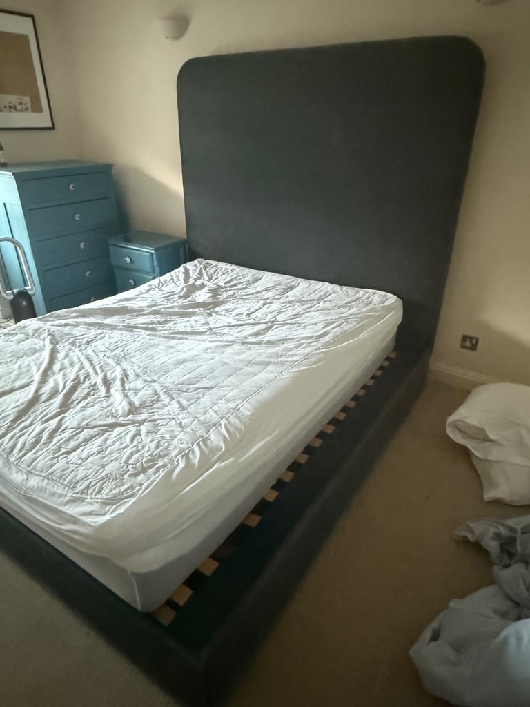Double Bed with Tall Upholstered Headboard + Mattress – Good Condition