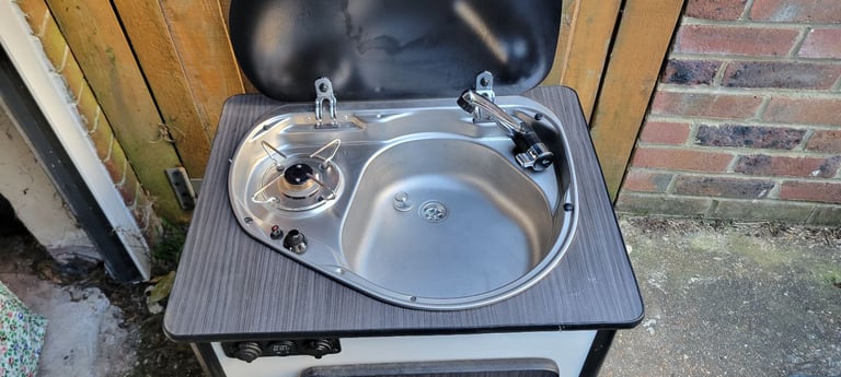 Camper van sink and gas burner hob with 2x USB and cigarette lighter style charging ports