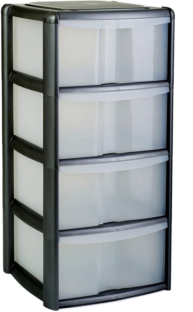 4 Drawer Plastic Storage Tower Unit, Black & Clear - Large - 4 x 20L Drawers 