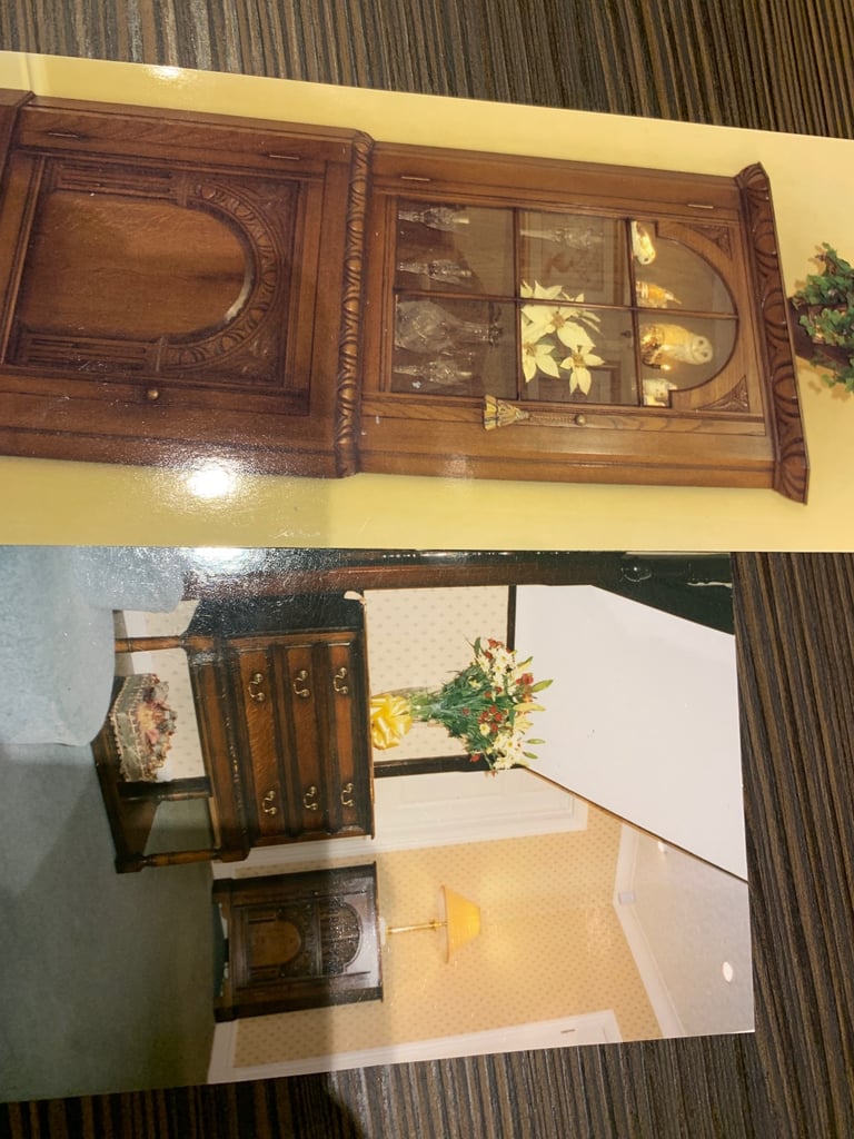 image for Matching Solid Oak Furniture Set – Display Cabinet, Small Corner Cabinet & 3-Drawer Chest