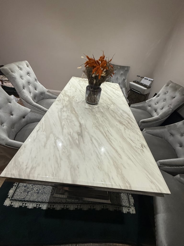 image for Ariana Marble 1.8m Dining Table with 6 Cheshire Plush Velvet Knocker Chairs
