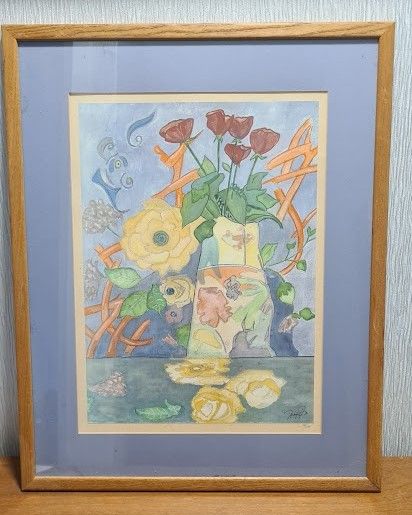 image for Wood Framed picture with glass - Vase of flowers vgc