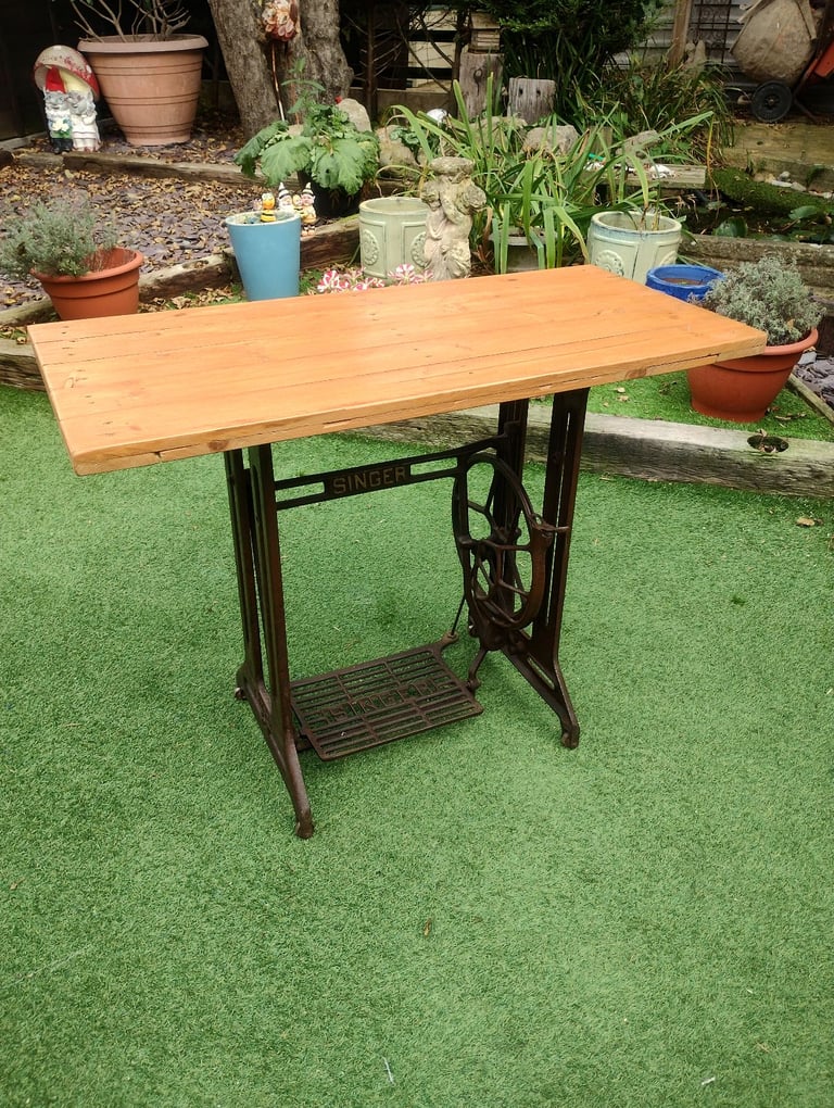Antique Vintage Upcycled Wooden Top Singer Sewing Machine Console Sofa Table