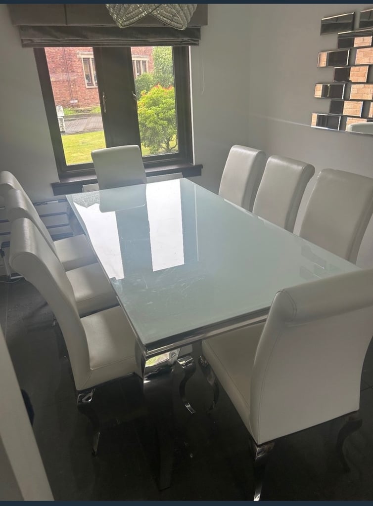8 Seater White Glass Dining Table 