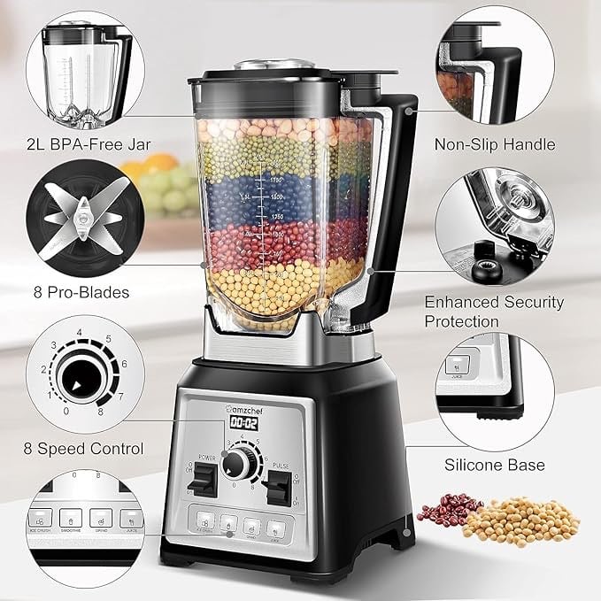 AMZCHEF Blender Smoothie Maker - 2000W Commercial Blender