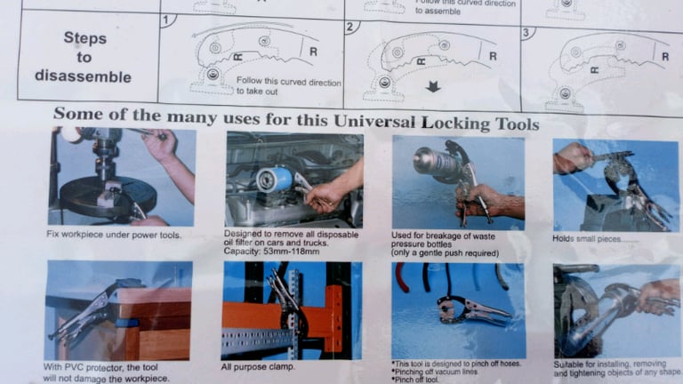 Universal locking clamp, with extra jaws gripping locking onto oil filters etc.