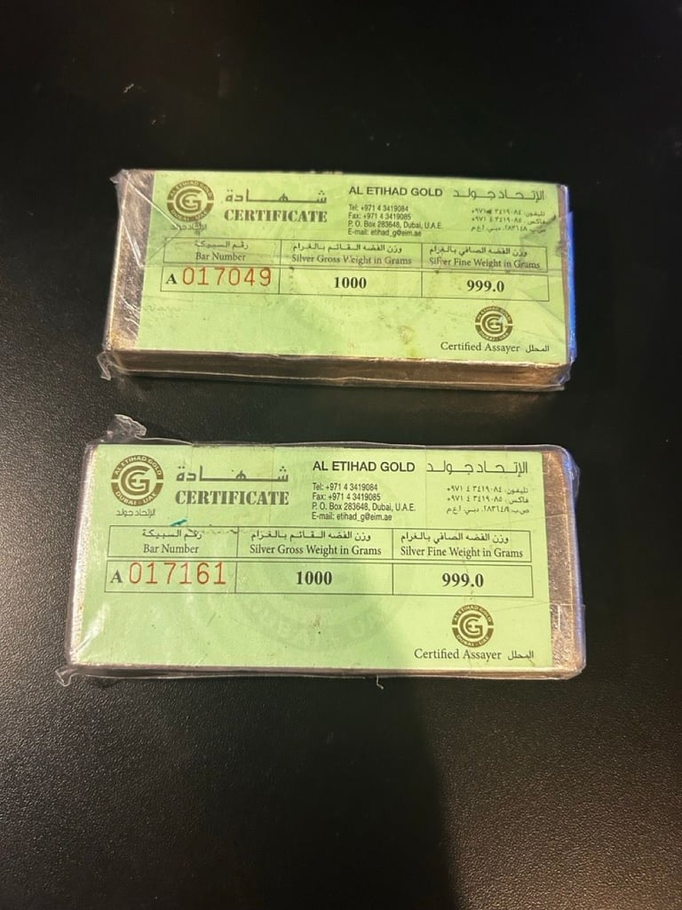 2 × 1 kg Al Etihad Silver Bars 999.0 Fine – Sealed with Certificate