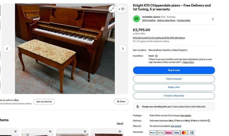 Knight K10 rare Chippendale Upright Piano beautiful *matching stool + free 1st tuning*