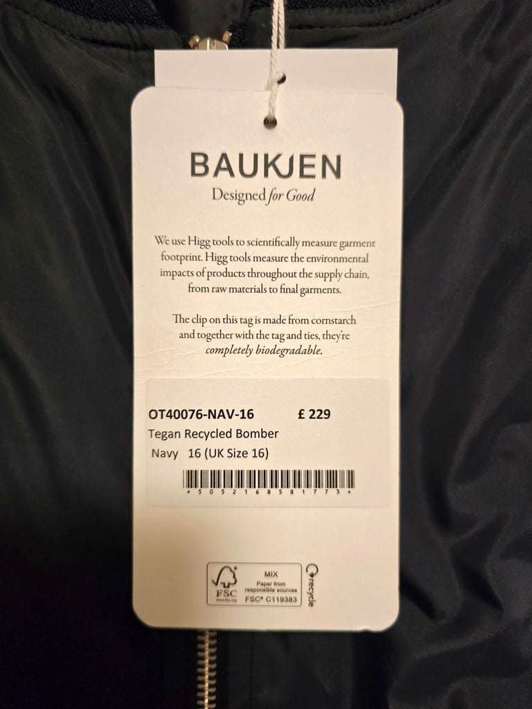 Baukjen Tegan Recycled Bomber Jacket Brand New With Tags 