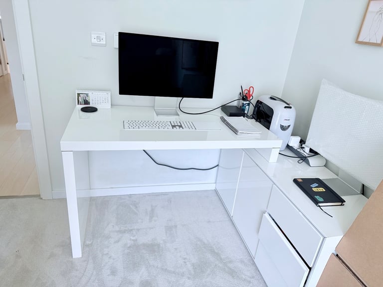 image for Dwell high-gloss white desk with matching low storage unit - FREE to collect 