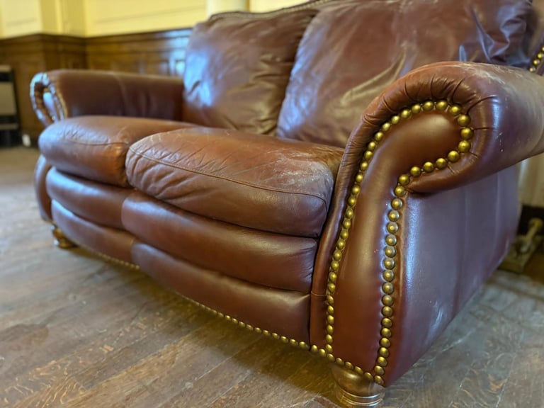 Vintage Dark Red Leather Chesterfield-Style Sofa