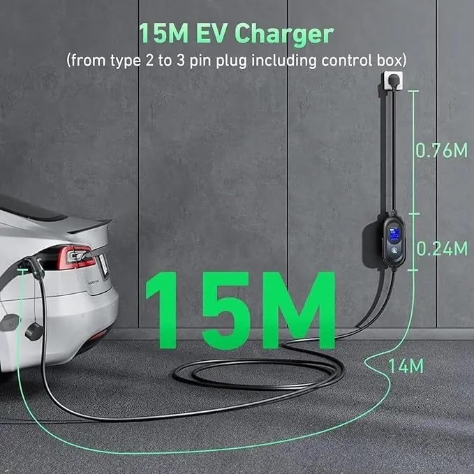 15M EV Charger Type 2 to 3 Pin, 13A Adjustable, 12 Hours Delay Timer, Touch Control, 3.3kW