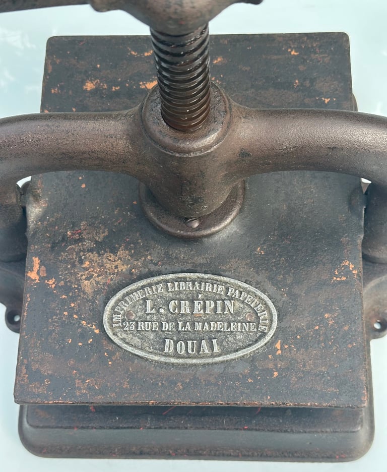 ANTIQUE FRENCH CAST IRON BOOK PRESS, NOTAIRE COPY BINDING PRESS - L CREPIN DOUAI, 1900s - WILL POST!