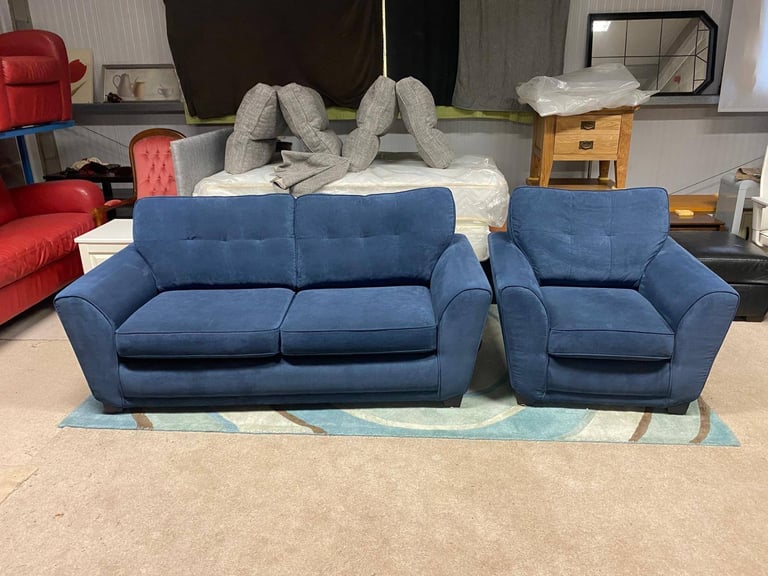 Blue Fabric 3 Seater Sofa and Chair excellent condition 