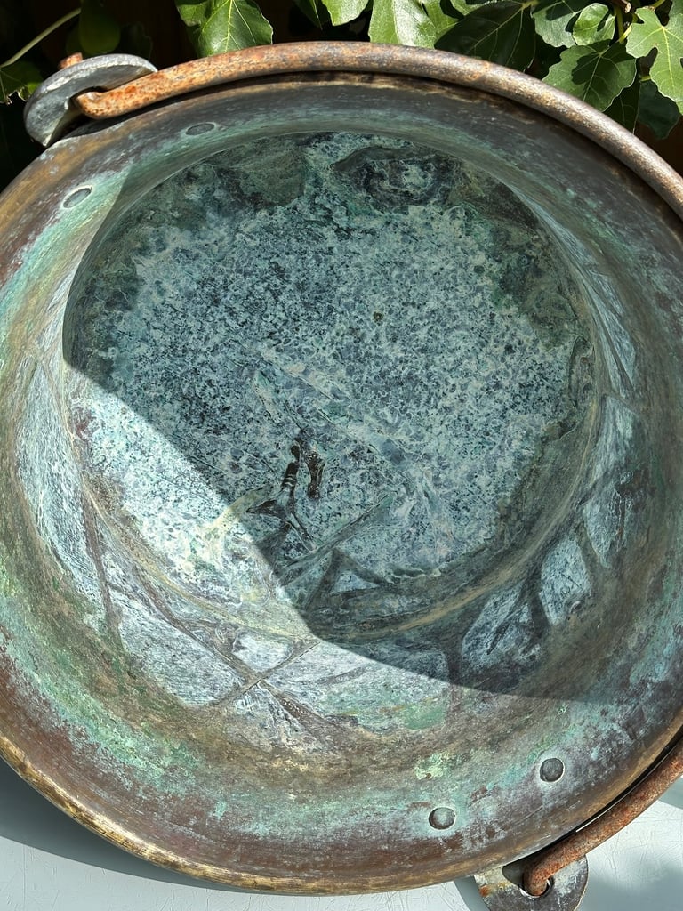 LARGE ANTIQUE FRENCH COPPER CAULDRON & STAND, LOG BUCKET, PLANTER, L58cm - 1900s - WILL POST!