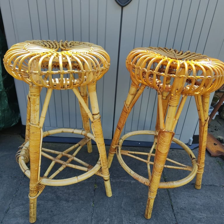 image for Franco Albini Lobster Pot bamboo wicker set of 2 stools plant stand stool FLAWS