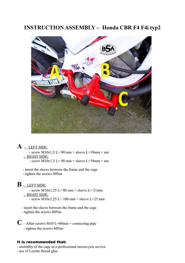 Honda CBR 600 F4 F4i BSA Crash Cage Type 2 Stunt Moto Gymkhana Delrin 1999-2006