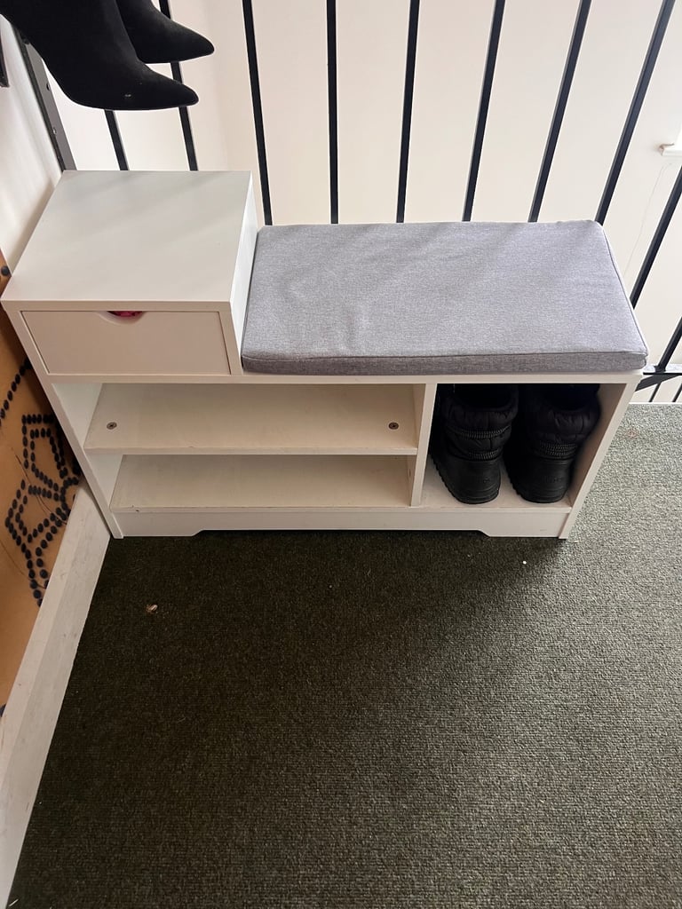 White shoes storage bench with cushion seat