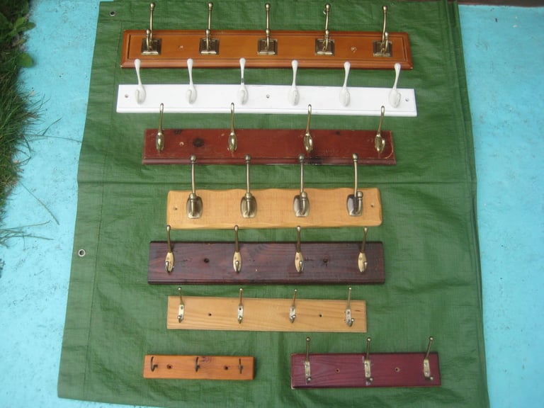 image for 8 Sets of Metal Coat Hooks with Wooden Backplate:  See Descriptions and Prices