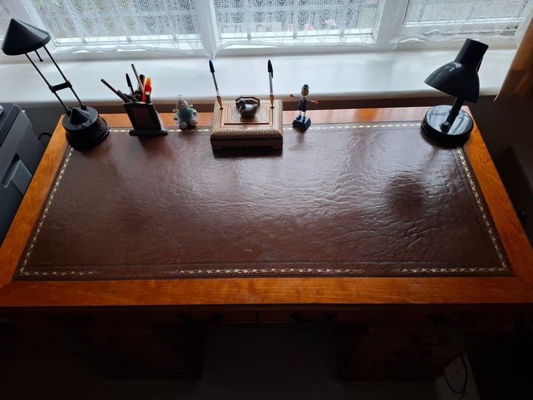 Traditional wooden study desk with leather tip