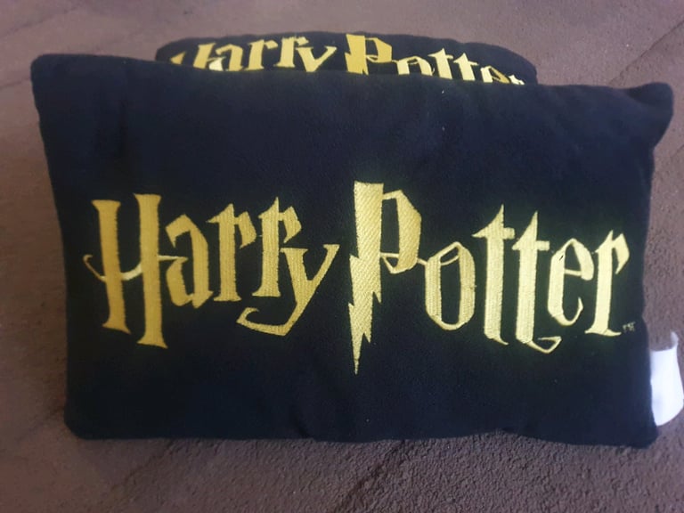 Two Official Harry Potter Cushions, Black With Yellow/gold Embroidered